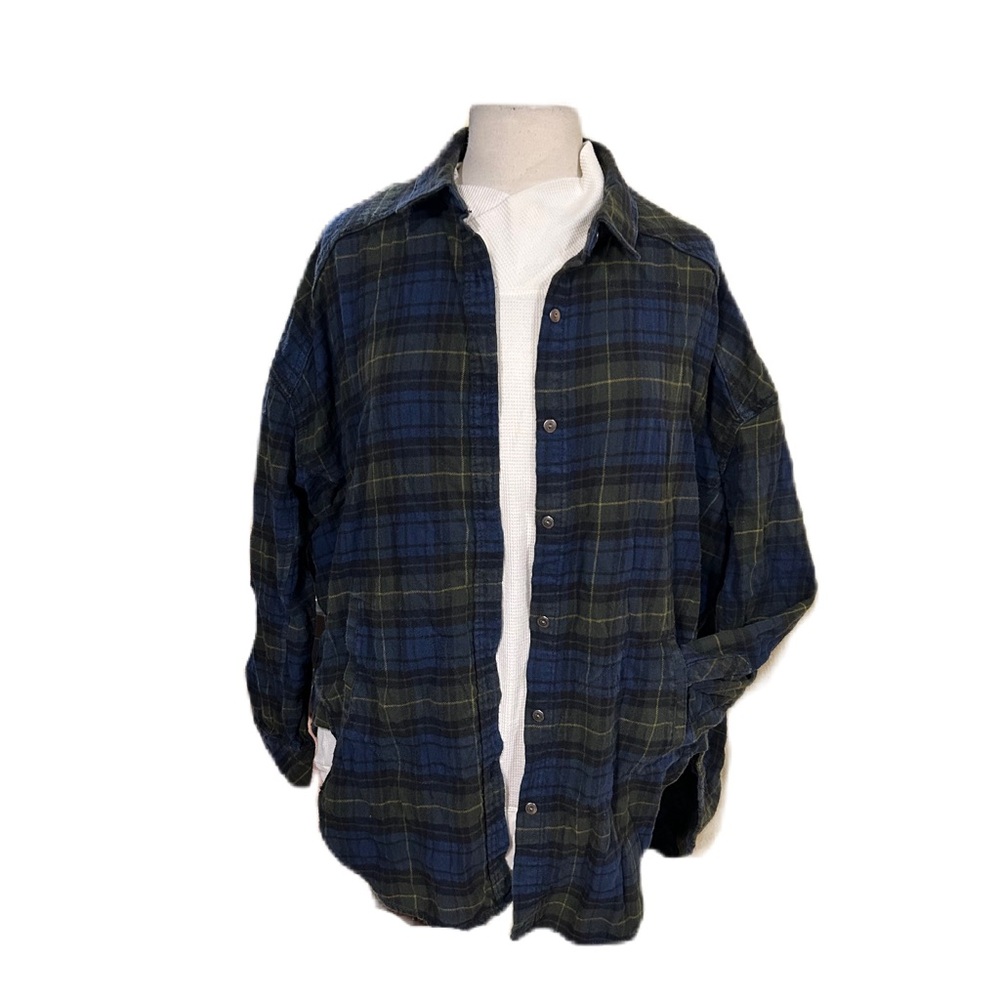 cozy green and blue oversized Free People flannel size M pockets Cabincore